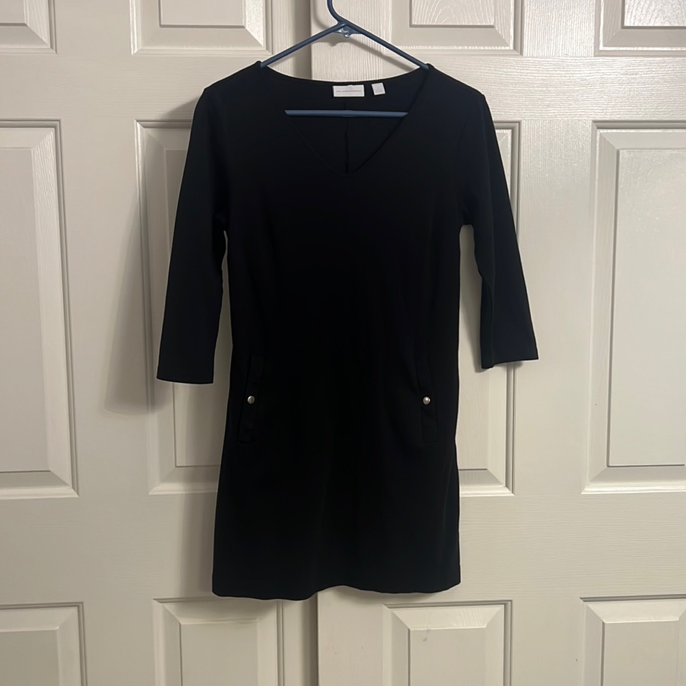 D5- New York & Company Black V-Neck Pullover Top Dress Pockets Size XS